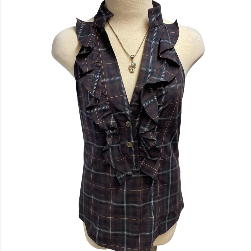 Sunner Anthropologie Plaid Halter Ruffle Button Top